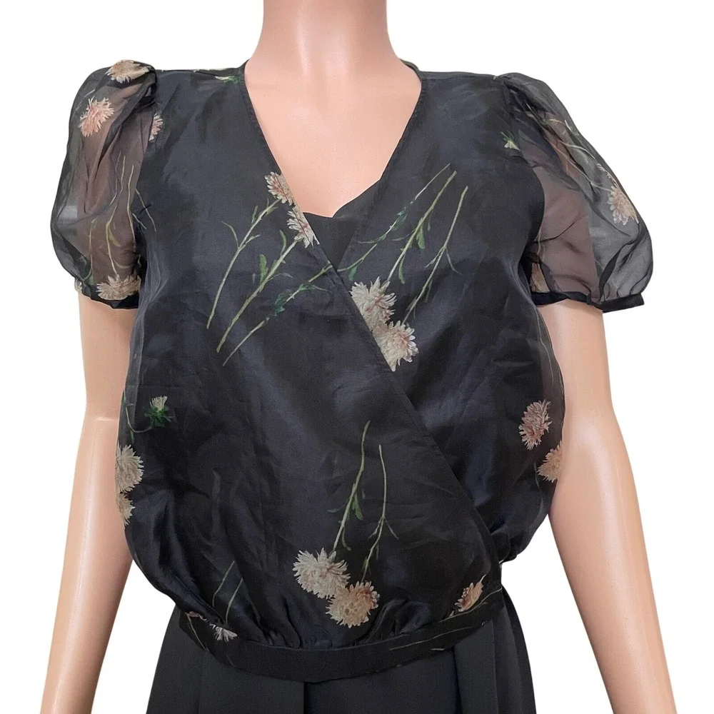 Madewell  Silk Puff Sleeve Wrap‎ Top Black Floral V-Neck Blouse XXS, fits sz 4